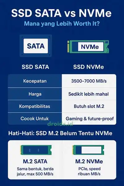 Infografis perbandingan SSD SATA dan NVMe, mencakup kecepatan, jalur antarmuka, dan bentuk M.2 yang bisa membingungkan pengguna
